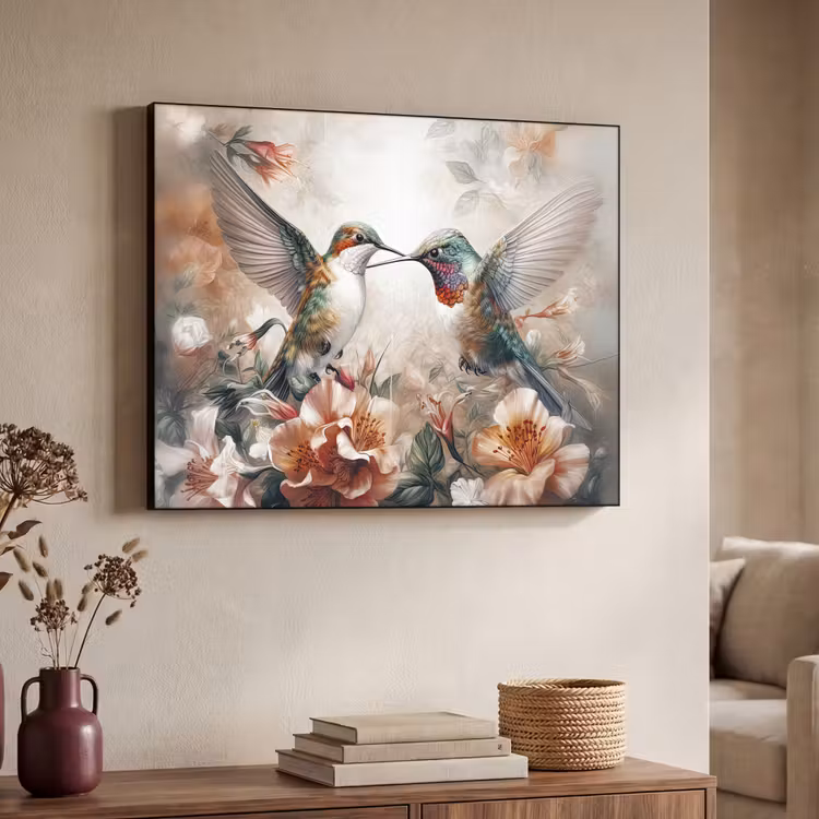 Kolibrie - Vogels - Bloemen - Natuur Textielframe zwart klein -sfeer3