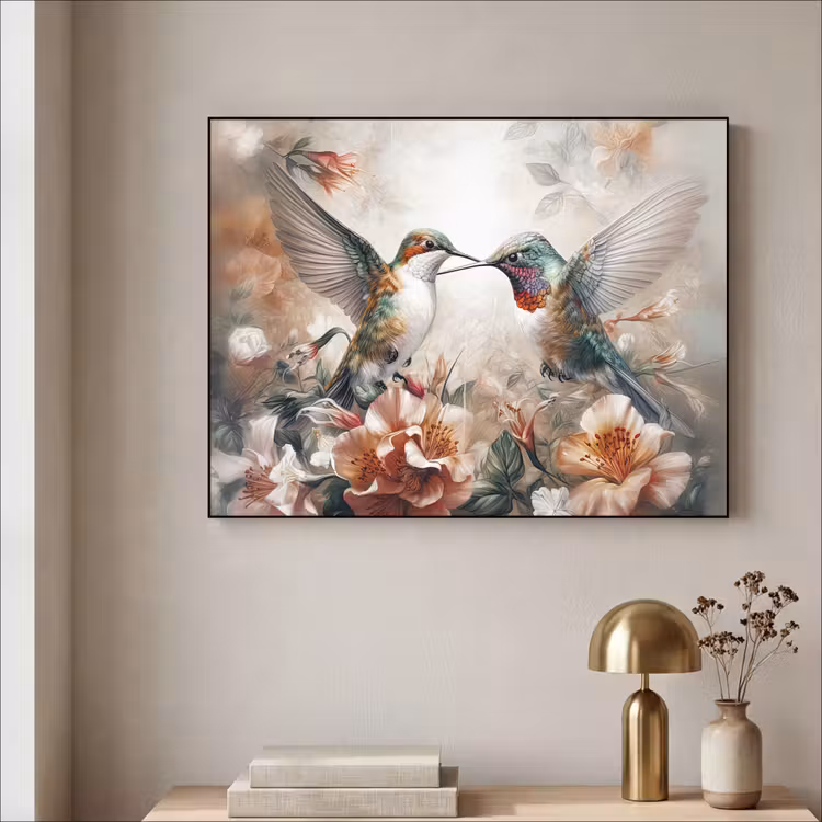 Kolibrie - Vogels - Bloemen - Natuur Textielframe zwart klein -sfeer2