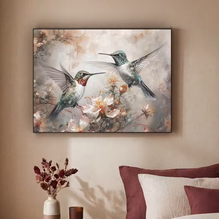 Kolibrie - Vogels - Bloemen - Planten Textielframe zwart klein -sfeer1