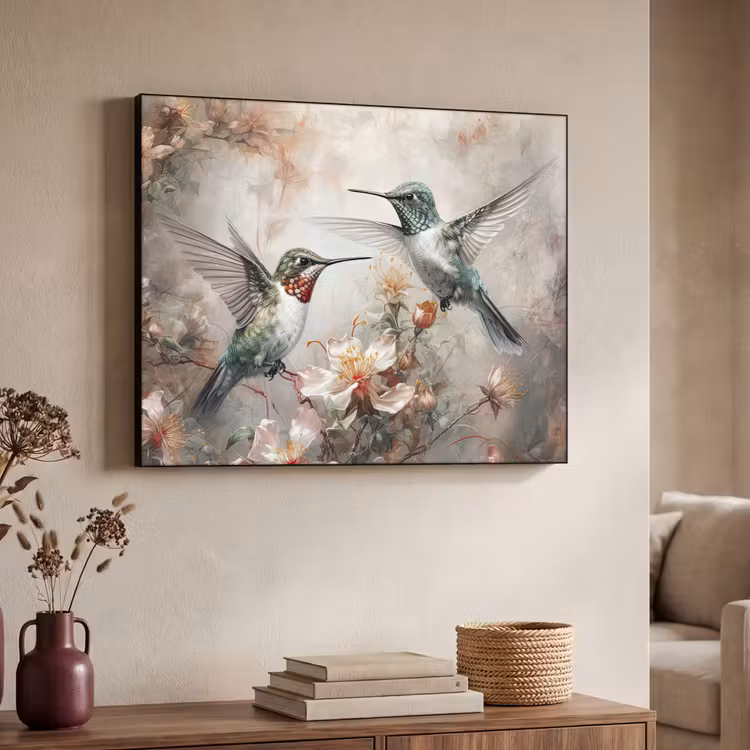 Kolibrie - Vogels - Bloemen - Planten Textielframe zwart klein -sfeer3