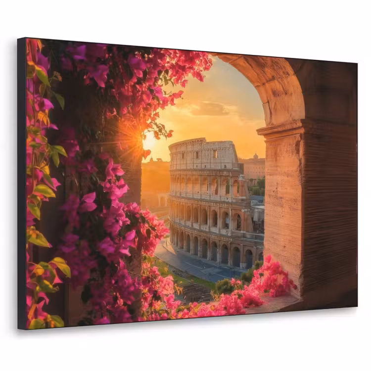 Colosseum - Rome - Roze Bloemen Textielframe zwart klein -3d