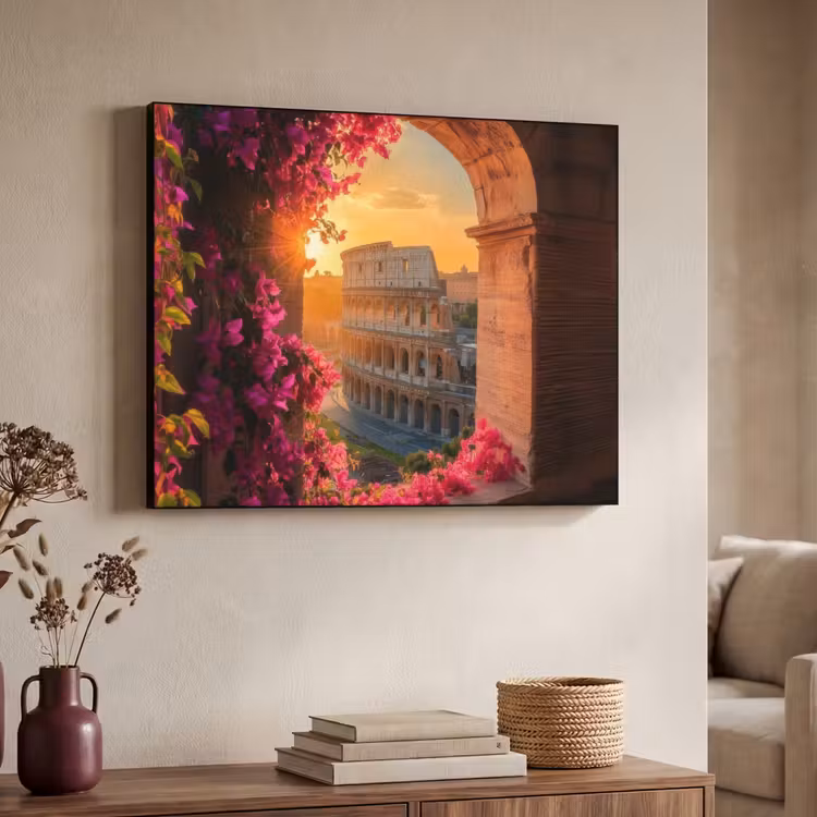 Colosseum - Rome - Roze Bloemen Textielframe - compleet frame klein -sfeer3