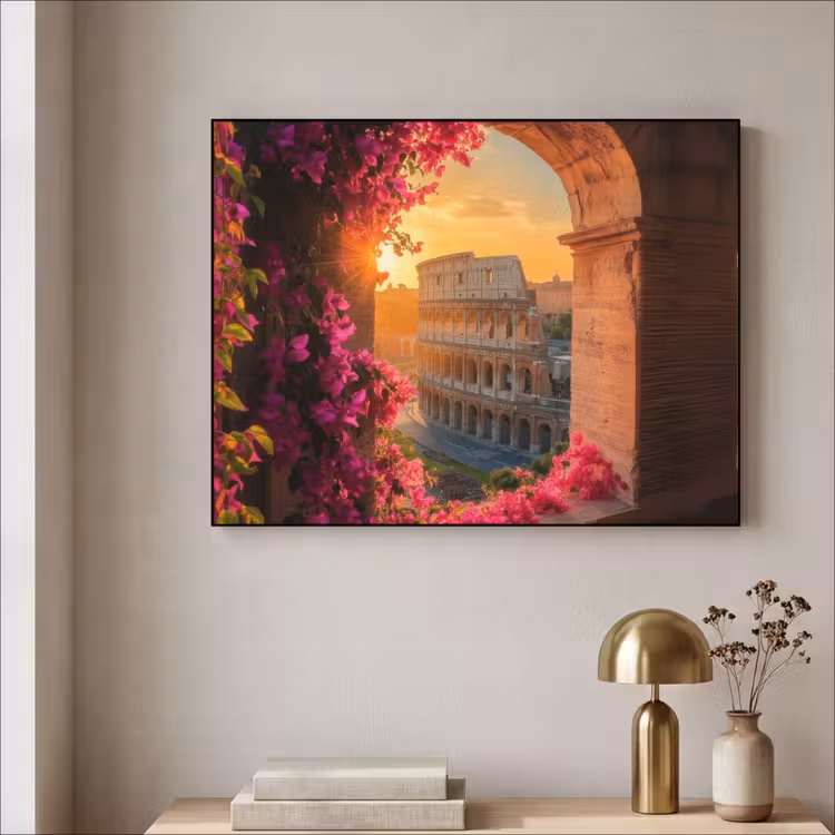 Colosseum - Rome - Roze Bloemen Textielframe zwart klein -sfeer2
