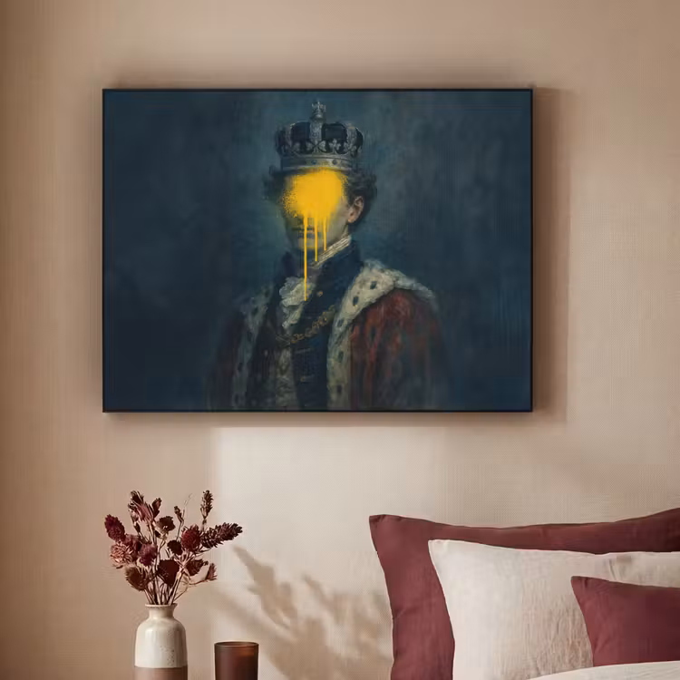 Koning - Portret - Druipende gele verf Textielframe - compleet frame klein -sfeer1