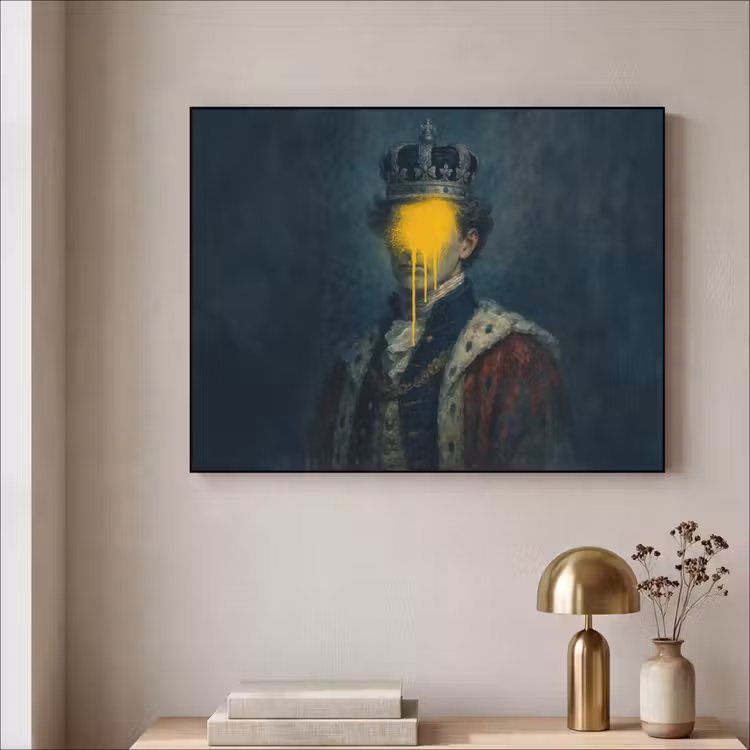 Koning - Portret - Druipende gele verf Textielframe zwart klein -sfeer2