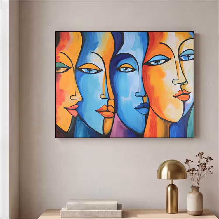 Hoofd - Olieverf - Schilderij - Kleurrijk Textielframe zwart klein -sfeer2