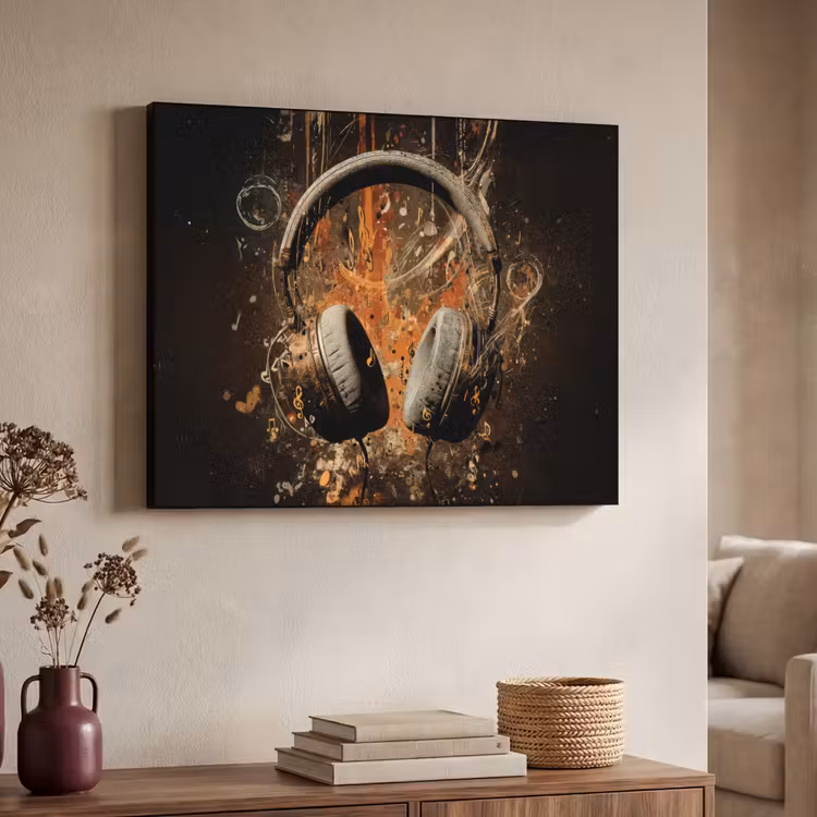 Koptelefoon - Bruin - Dynamische penseelstreken Textielframe zwart klein -sfeer3