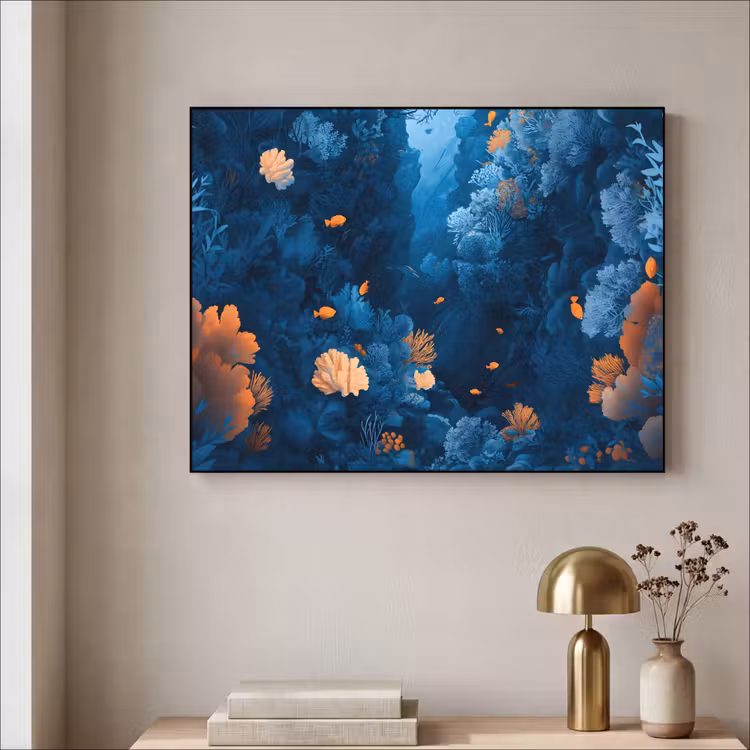 Koraalrif - Vissen - Oceaan - Blauw Textielframe zwart klein -sfeer2