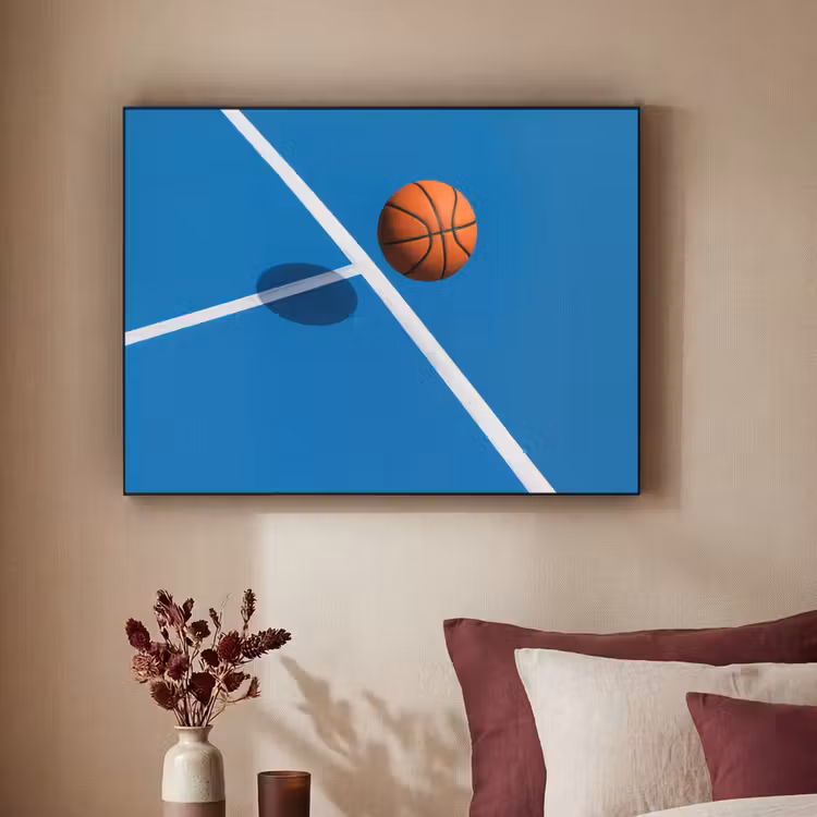 Basket - Bal - Blauw - Zwevend Textielframe - compleet frame klein -sfeer1