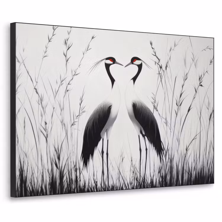 Kraanvogels - Gras - Hartvorm - Zwart Textielframe - compleet frame klein -3d