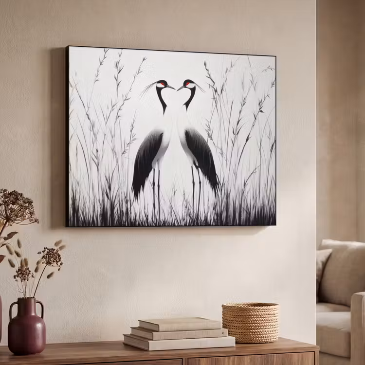 Kraanvogels - Gras - Hartvorm - Zwart Textielframe - compleet frame klein -sfeer3