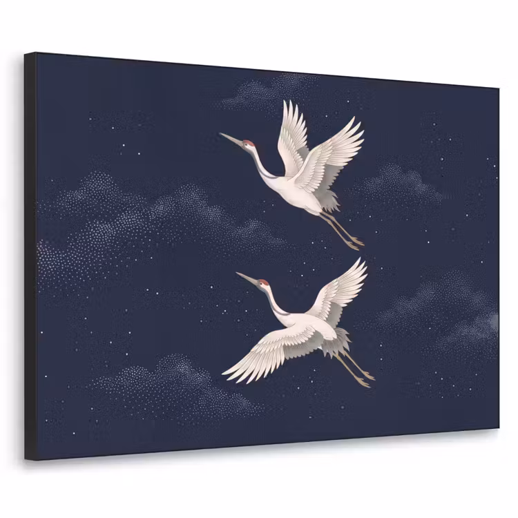 Kraanvogels - Nachthemel - Blauw Textielframe zwart klein -3d