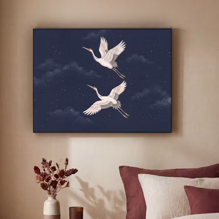 Kraanvogels - Nachthemel - Blauw Textielframe zwart klein -sfeer1