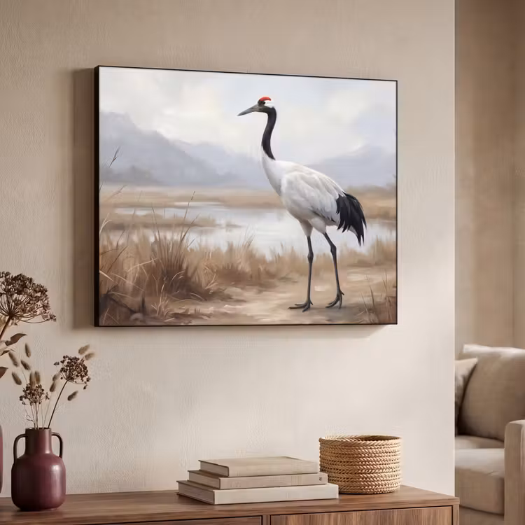 Kraanvogel - Natuur - Realistisch Textielframe zwart klein -sfeer3