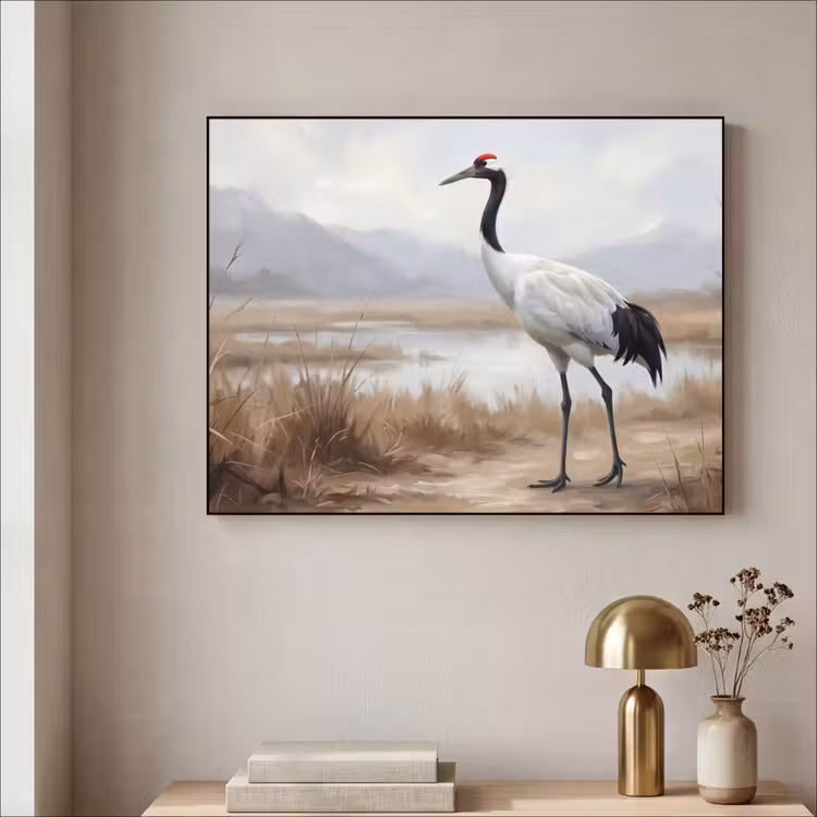 Kraanvogel - Natuur - Realistisch Textielframe zwart klein -sfeer2