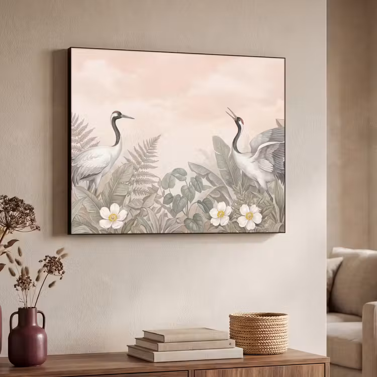 Kraanvogels - Natuur - Roze Textielframe zwart klein -sfeer3