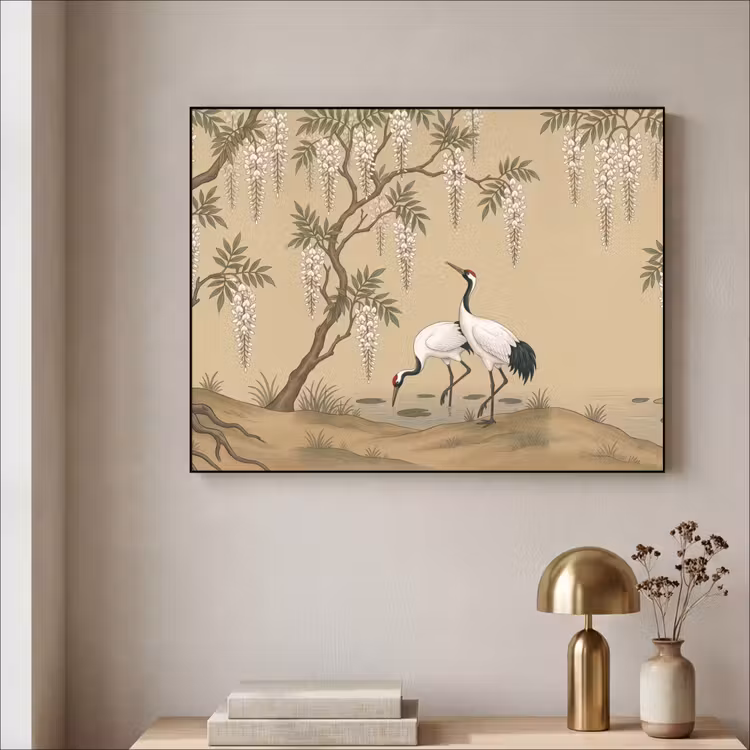 Kraanvogels - Water - Beige Textielframe zwart klein -sfeer2