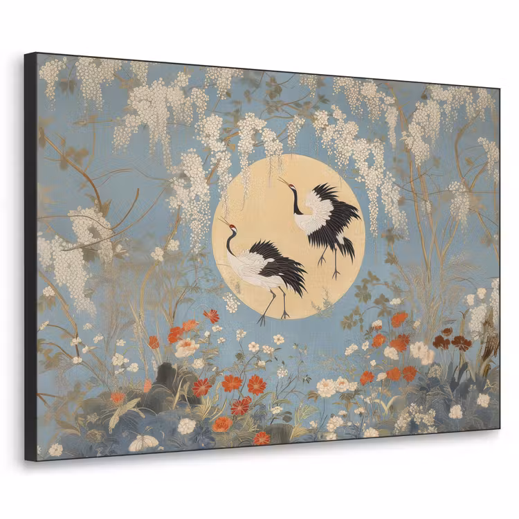 Kraanvogels - Maan - Bloemen - Blauw Textielframe zwart klein -3d