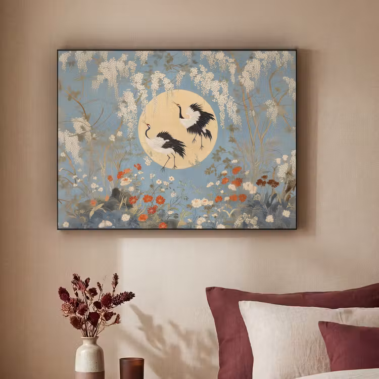 Kraanvogels - Maan - Bloemen - Blauw Textielframe zwart klein -sfeer1