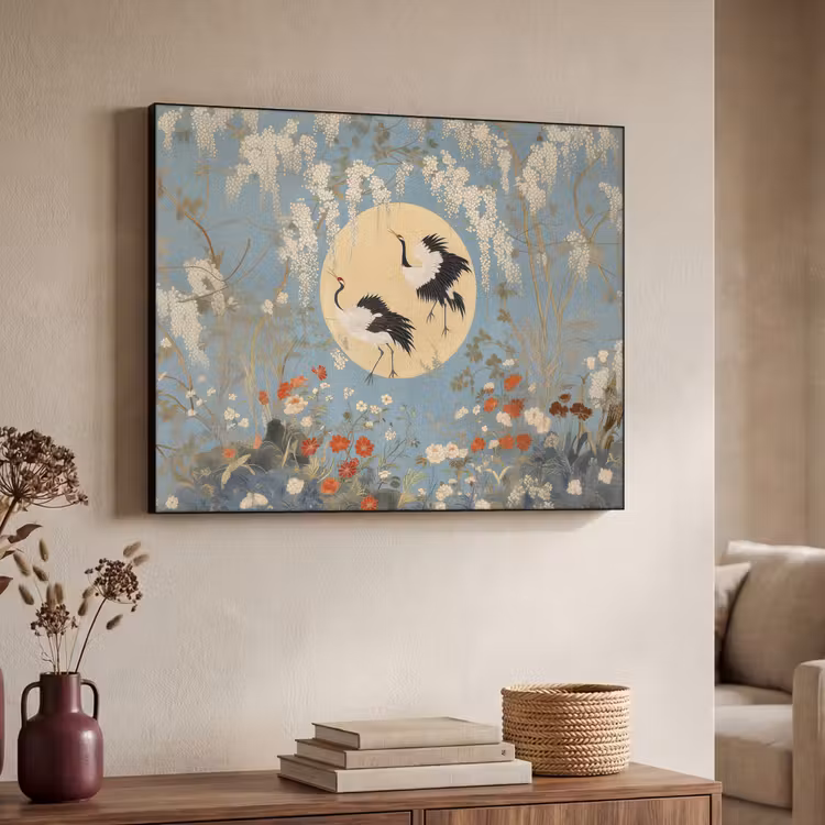 Kraanvogels - Maan - Bloemen - Blauw Textielframe zwart klein -sfeer3