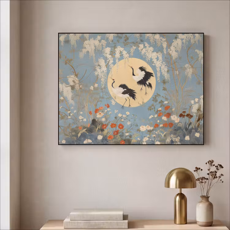 Kraanvogels - Maan - Bloemen - Blauw Textielframe zwart klein -sfeer2