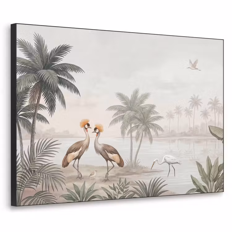 Kraanvogels - Palmbomen - Tropisch Textielframe zwart klein -3d