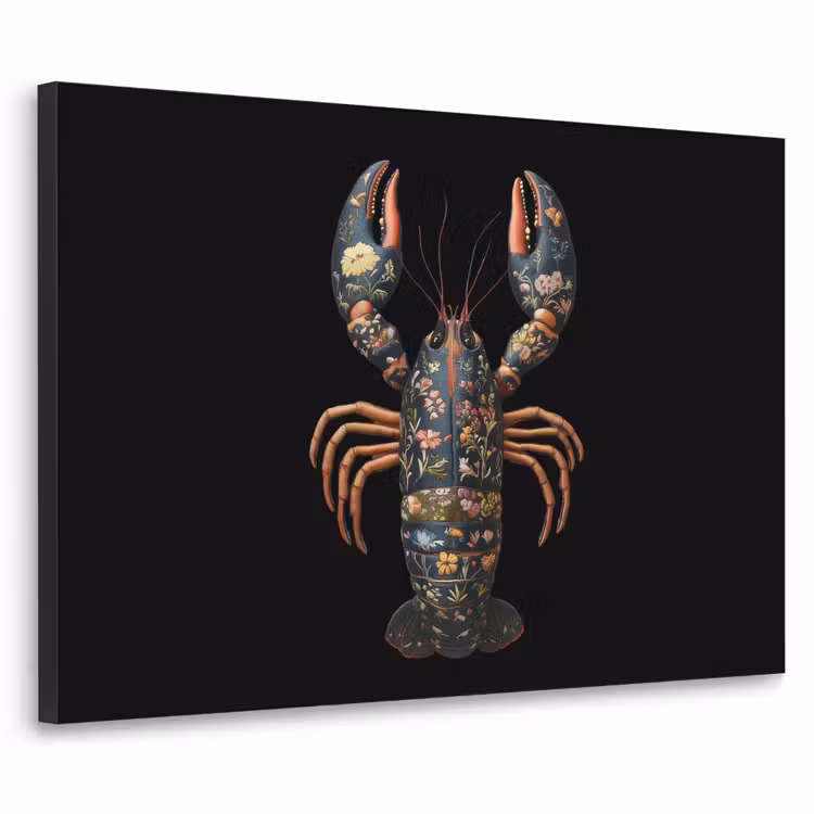 Kreeft - Zwart - Bloemenpatroon - Artistiek Textielframe - compleet frame klein -3d