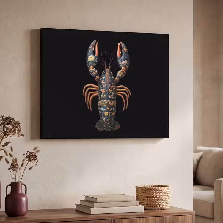 Kreeft - Zwart - Bloemenpatroon - Artistiek Textielframe - compleet frame klein -sfeer3