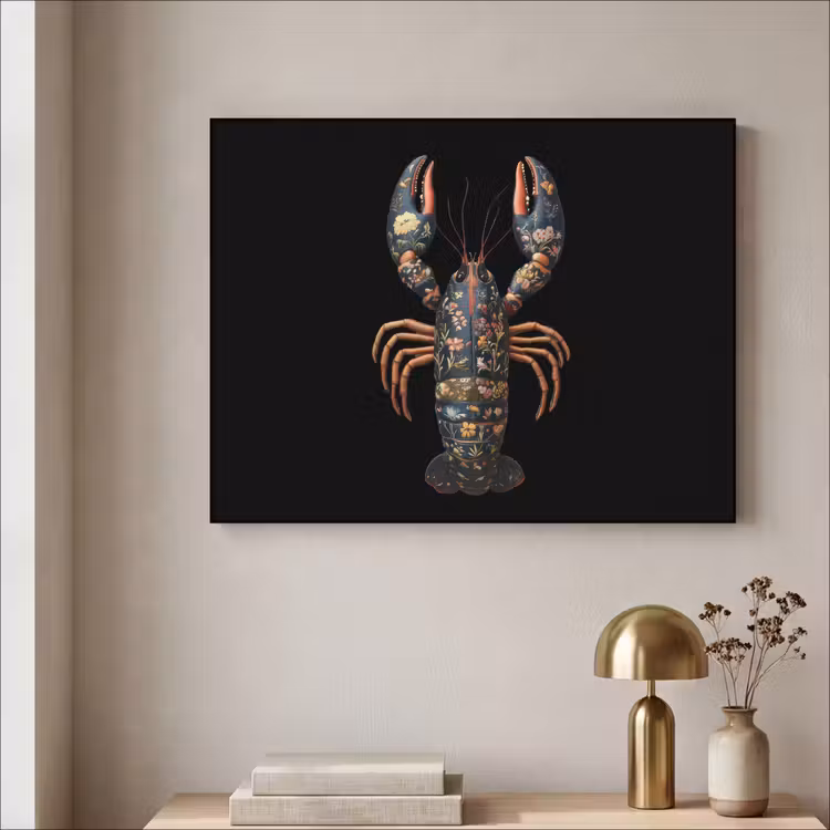 Kreeft - Zwart - Bloemenpatroon - Artistiek Textielframe - compleet frame klein -sfeer2