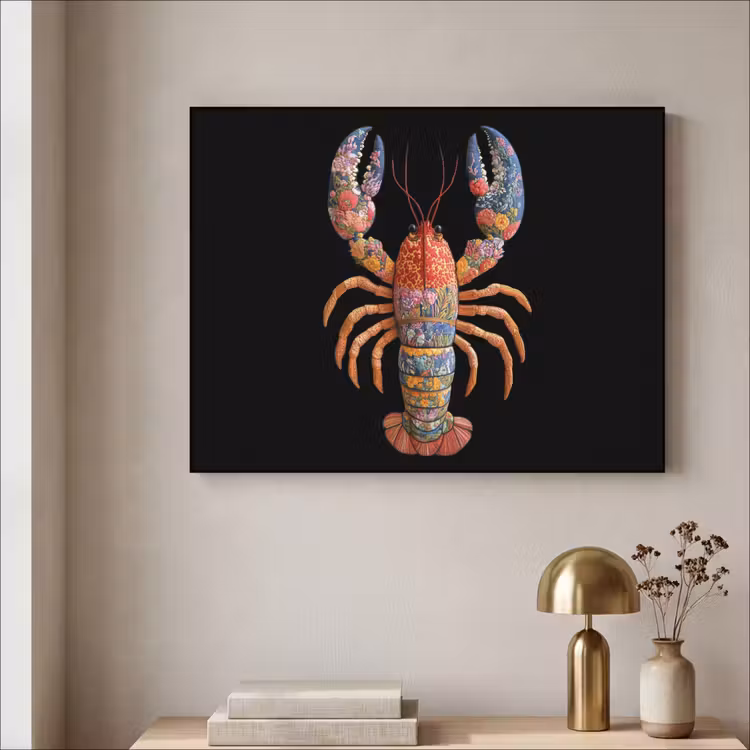 Kreeft - Borduur - Kleurrijk - Bloemen Textielframe zwart klein -sfeer2