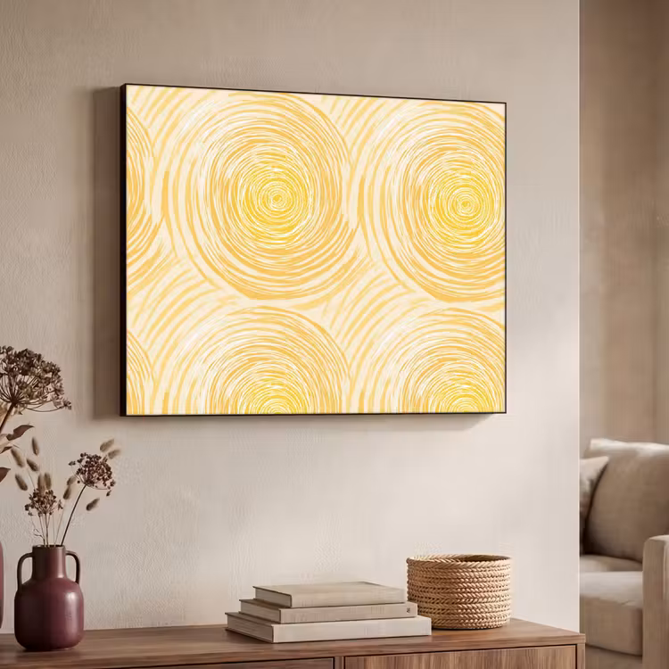 Cirkels - Abstract - Artistiek - Geel Textielframe zwart klein 947 -sfeer3