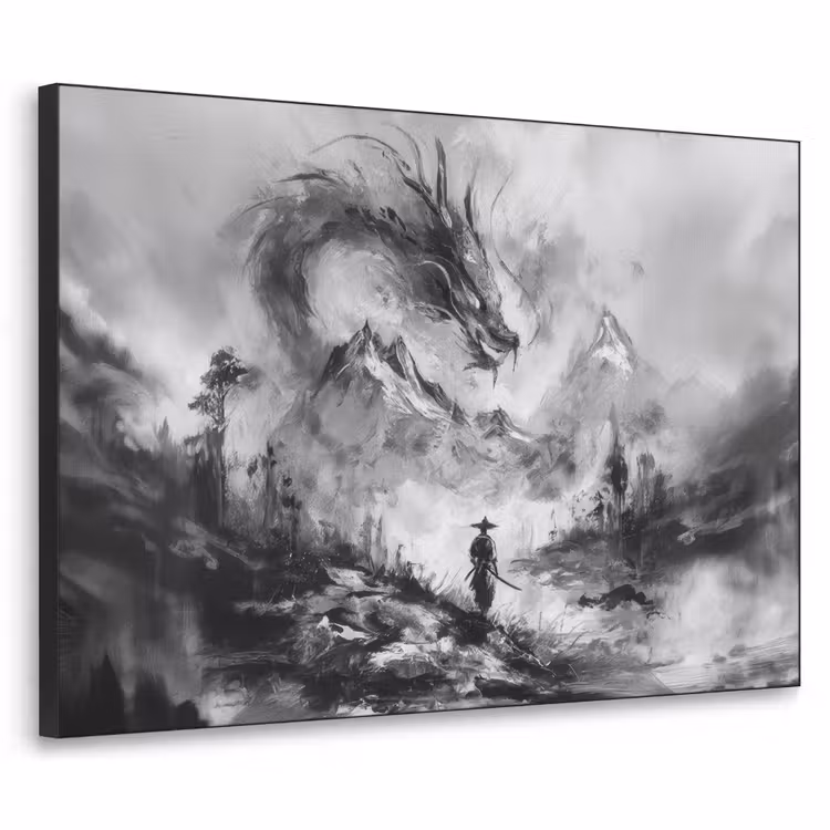 Krijger - Draak - Grijs Textielframe zwart klein -3d