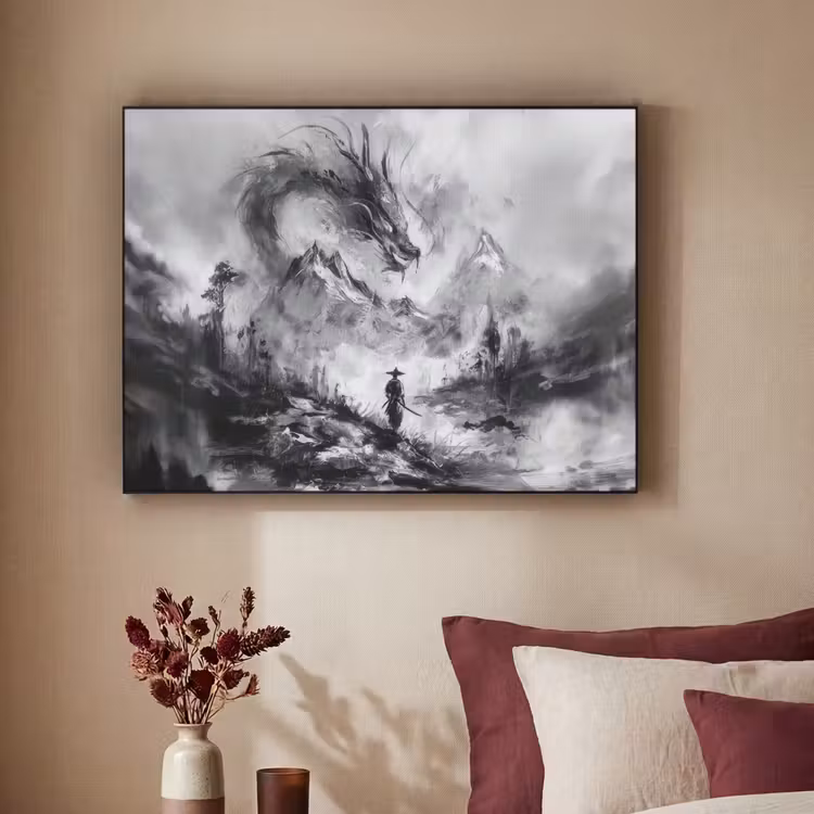 Krijger - Draak - Grijs Textielframe - compleet frame klein -sfeer1