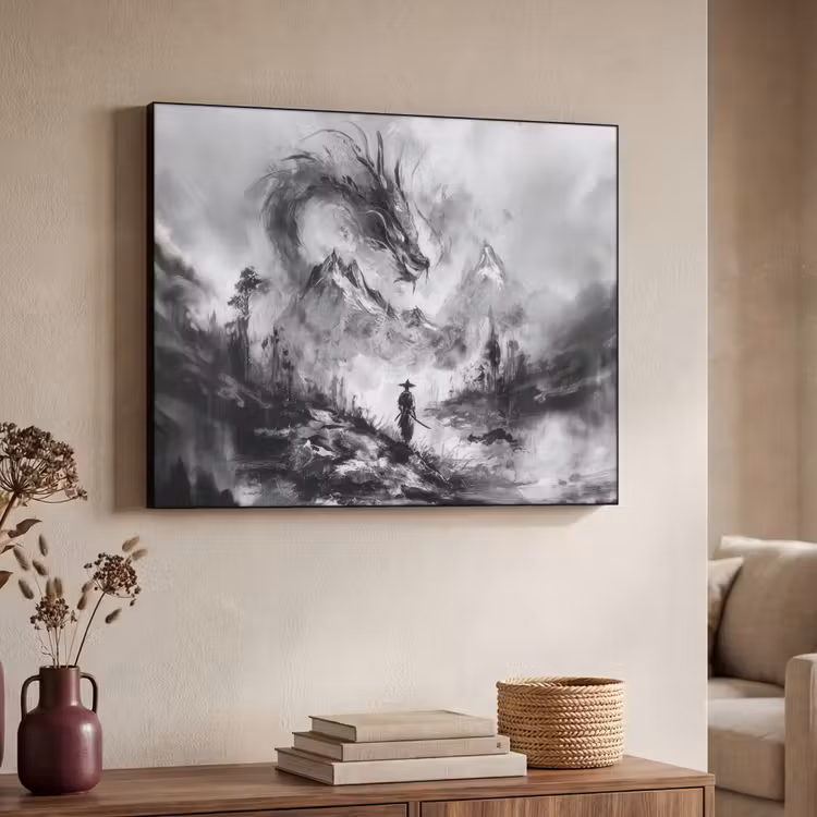 Krijger - Draak - Grijs Textielframe zwart klein -sfeer3