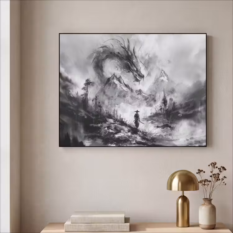 Krijger - Draak - Grijs Textielframe - compleet frame klein -sfeer2