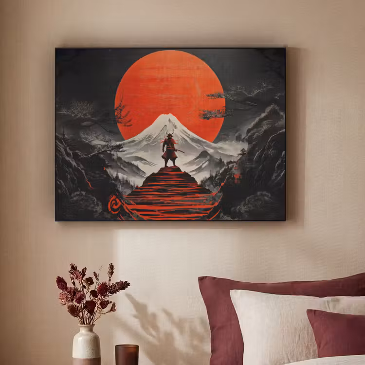 Krijger - Rode trappen - Zon - Berg Textielframe - compleet frame klein -sfeer1