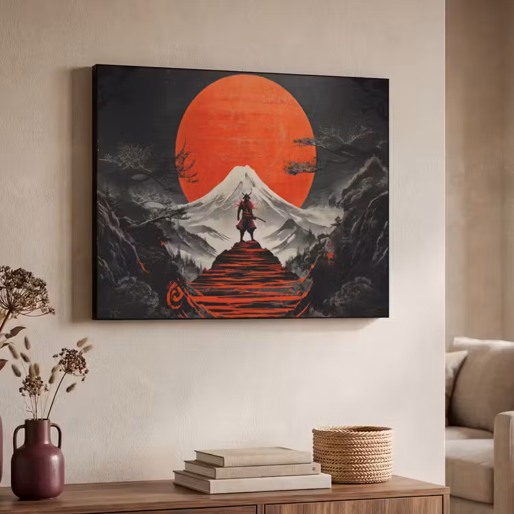 Krijger - Rode trappen - Zon - Berg Textielframe zwart klein -sfeer3