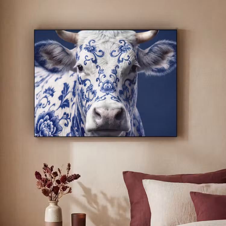 Art Frame - Kuh - Delfts - Blau - Künstlerisch - Koe - Delfts - Blauw - Artistiek Textielframe zwart klein
