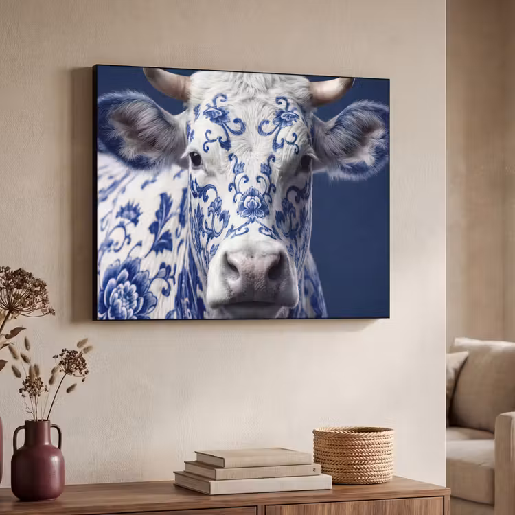 Art Frame - Kuh - Delfts - Blau - Künstlerisch - Koe - Delfts - Blauw - Artistiek Textielframe zwart klein