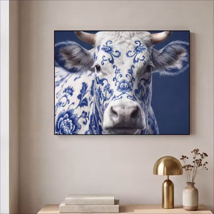 Art Frame - Kuh - Delfts - Blau - Künstlerisch - Koe - Delfts - Blauw - Artistiek Textielframe zwart klein