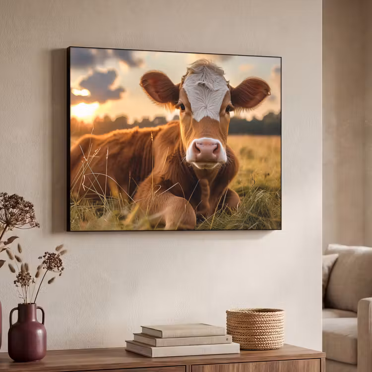 Koe - Dier - Weiland - Gras - Dieren - Natuur Textielframe zwart klein -sfeer3