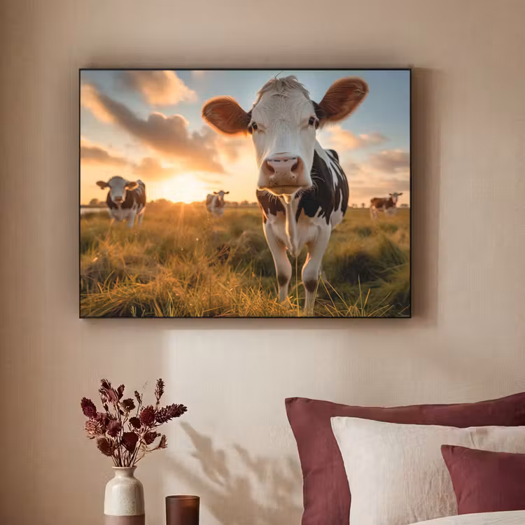 Koe - Weiland - Dieren portret - Natuur - Koeien Textielframe zwart klein -sfeer1