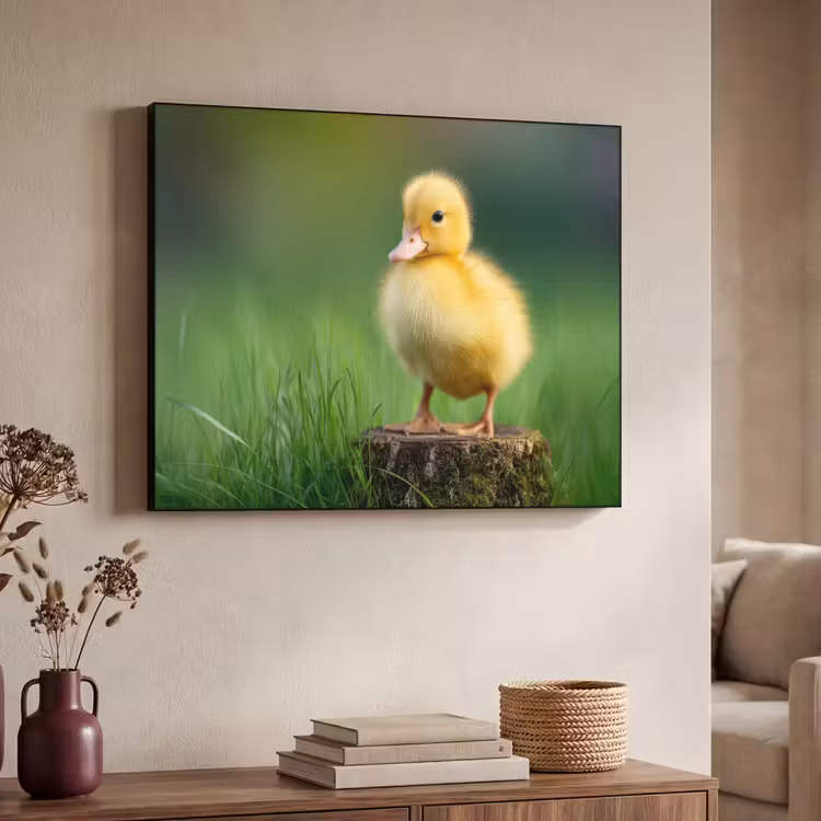 Kuiken - Eend - Geel - Gras Textielframe zwart klein -sfeer3
