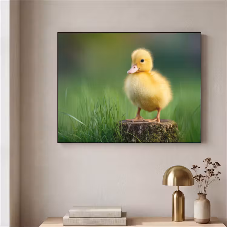 Kuiken - Eend - Geel - Gras Textielframe zwart klein -sfeer2