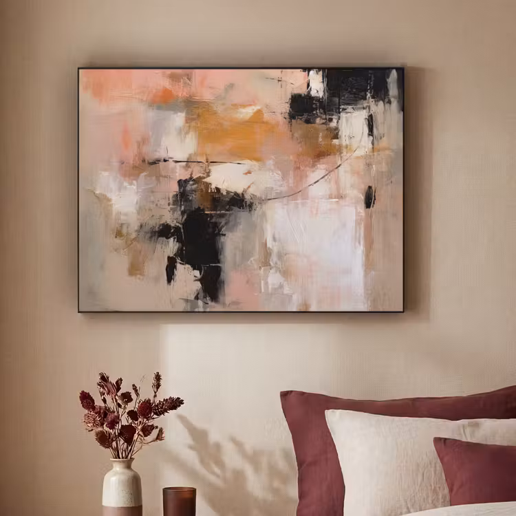 Kunst - Abstract - Beige - Verf Textielframe zwart klein -sfeer1