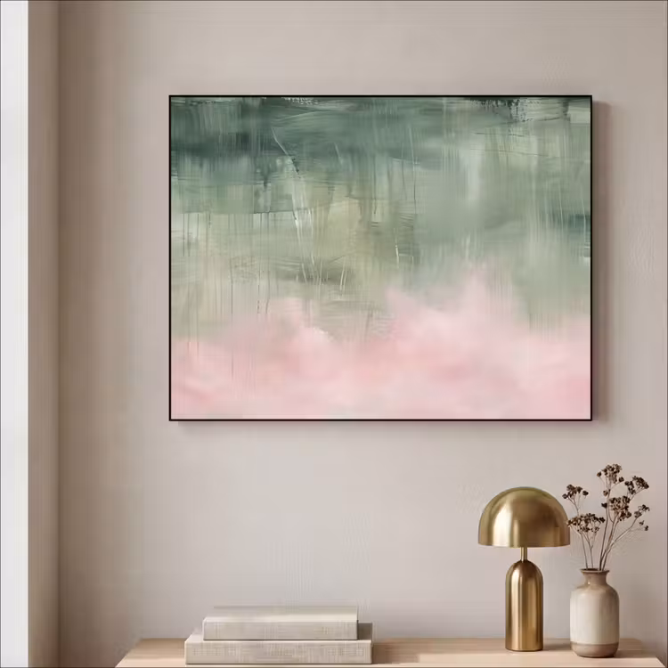 Kunst - Abstract - Modern - Groen - Roze Textielframe zwart klein -sfeer2