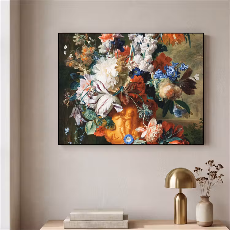 Kunst - Oude meesters - Boeket bloemen in een urn Textielframe zwart klein -sfeer2