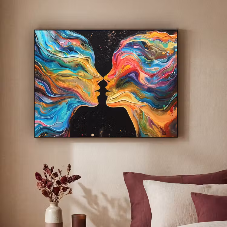 Kunst - Kleurrijk - Vrouw - Art - Abstract - Gezichten Textielframe zwart klein -sfeer1