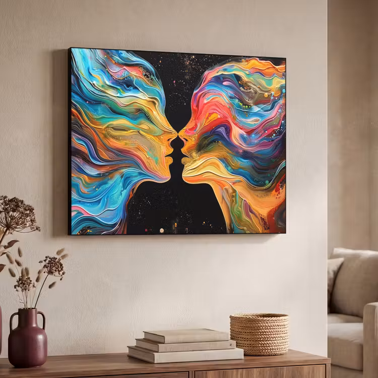 Kunst - Kleurrijk - Vrouw - Art - Abstract - Gezichten Textielframe zwart klein -sfeer3