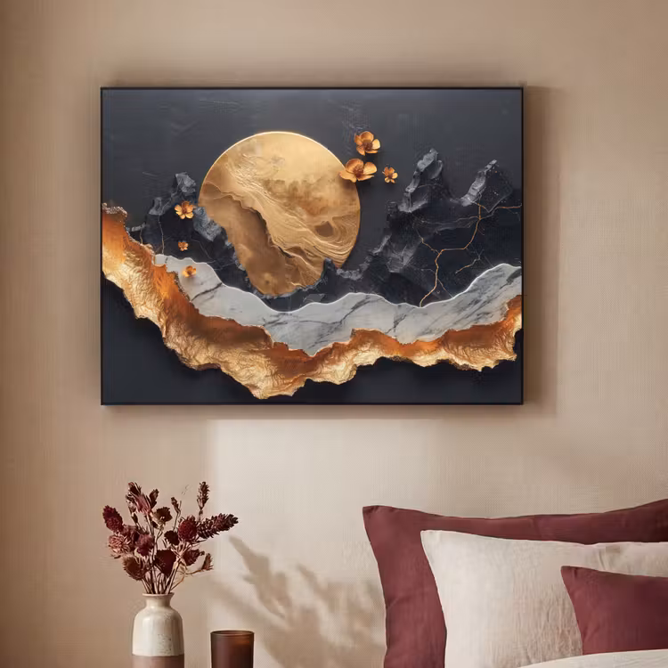 Kunst - Goud - Modern - Abstract Textielframe zwart klein -sfeer1